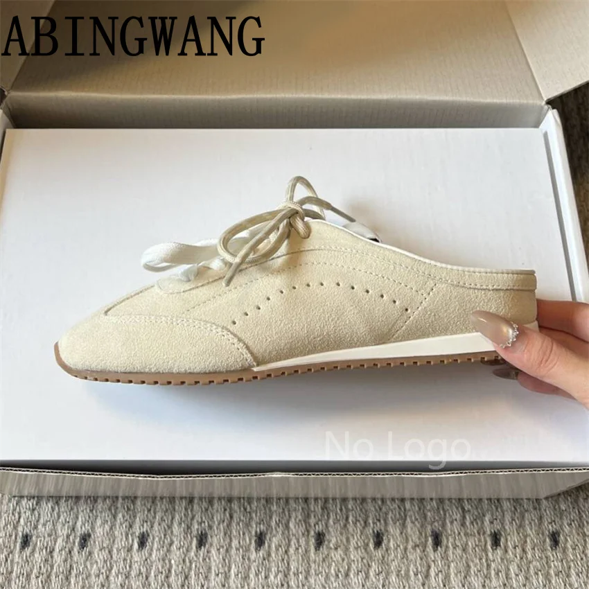 

2026 Spring Summer New Suede Half Slippers Women Slip On Round Toe Lace Up Mules Casual Sneakers Flats Slippers Mujer