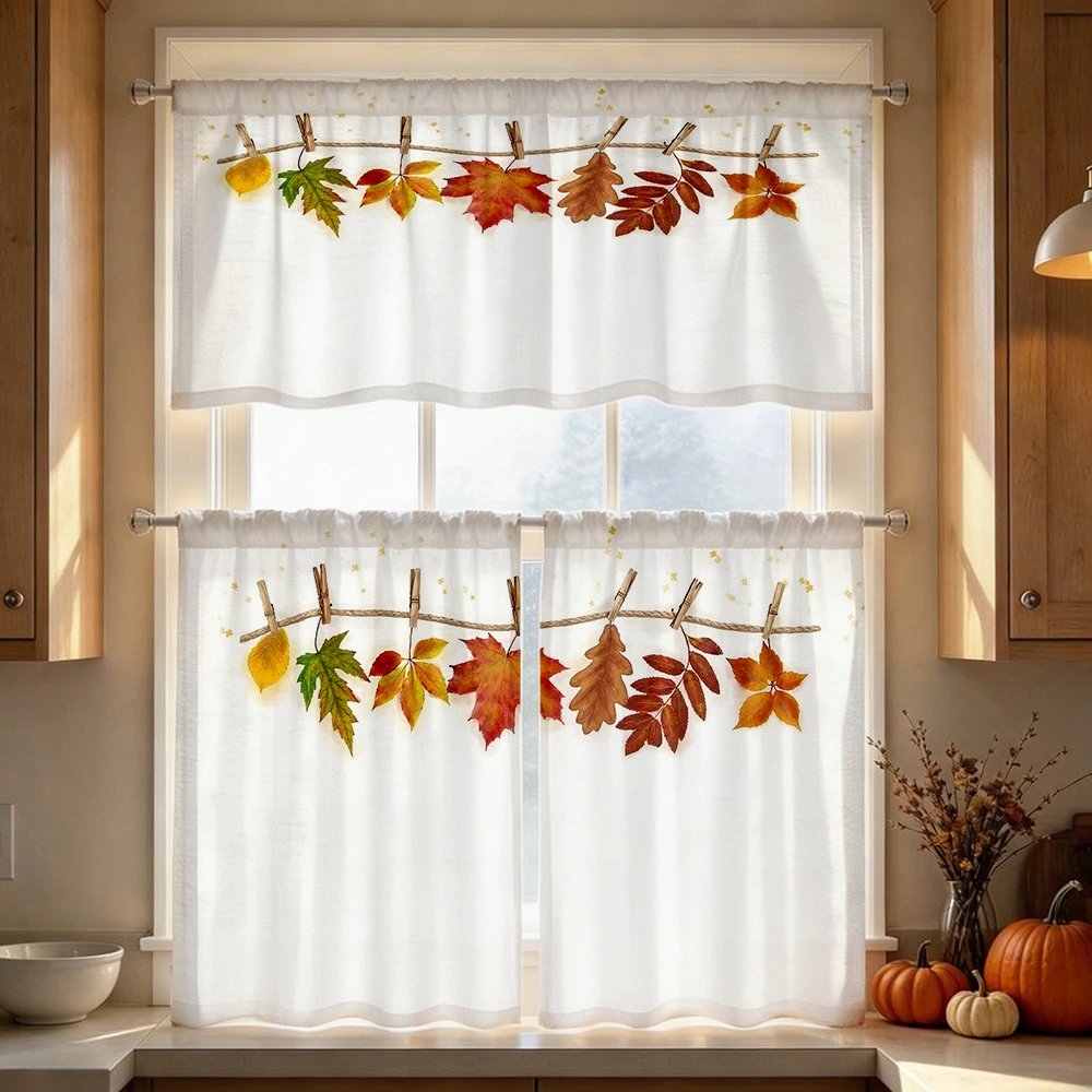 Thanksgiving Fall Kitchen Curtains, Clothesline Maple Leaf, Digital Print, Kitchen Dining Room, Rod Pocket Polyester, Home Decor