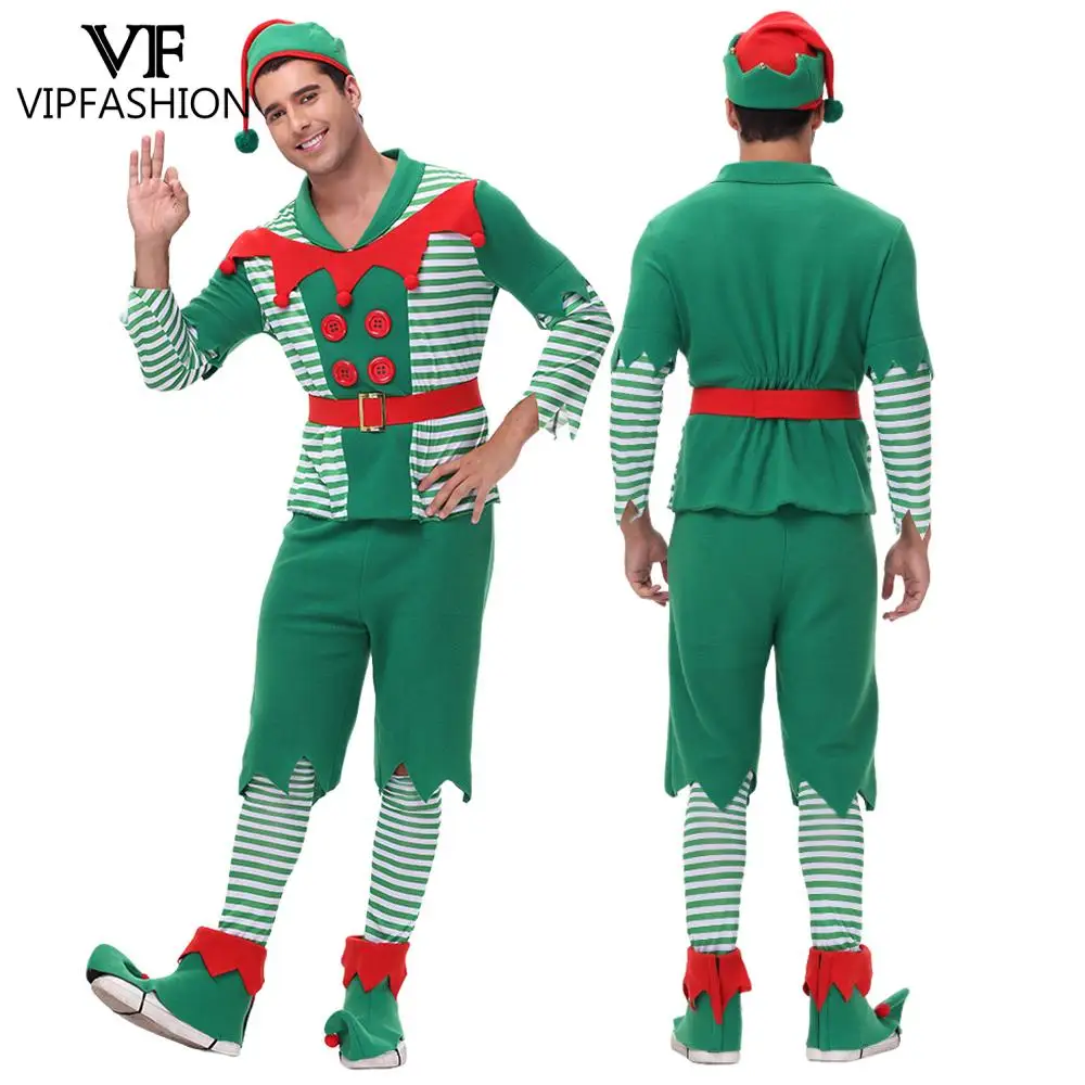 

VIP FASHION Men Christmas Elf Costume with Hat Stockings Shoe Covers Belt Fancy Xmas Party Dress Up Outfit Male Festival Clothes