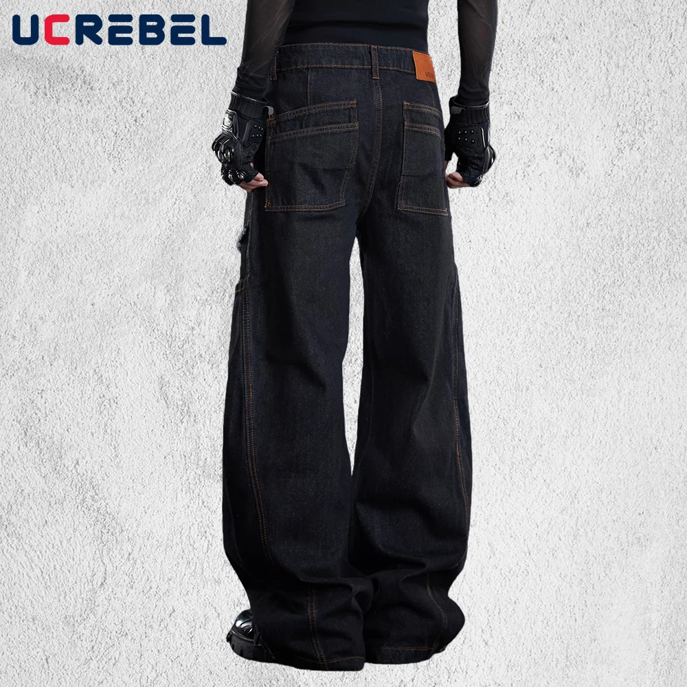 Raw Edge Spliced Banana Jeans Mens Pocket Topstitch Retro High Street Washed Baggy Wide leg Denim Pants Man