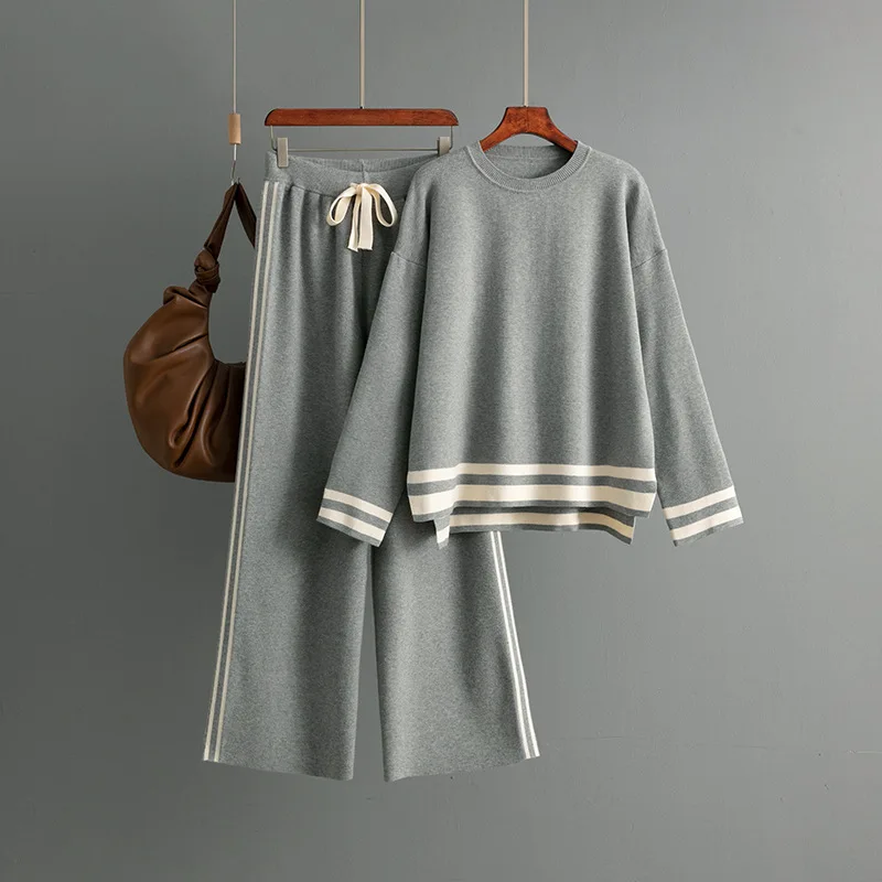 بدلة على الموضة ملابس النساء خريف شتاء جديد متماسكة س الرقبة فضفاضة البلوز سترة واسعة الساق السراويل قطعتين مجموعات ملابس نسائية