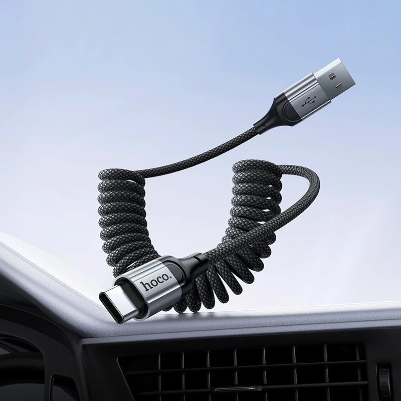 Kabel Pengisian Cepat HOCO Spring USB C PD untuk iPhone 16 15 USB A 3A Spring Teleskopik Kabel Telepon Mobil untuk Samsung S23 S24 25