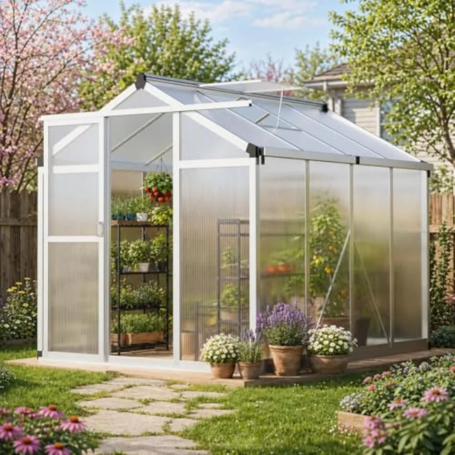Outdoor walk-in house with heavy-duty aluminum construction, gray finish, adjustable roof vent for ventilation and ground nails