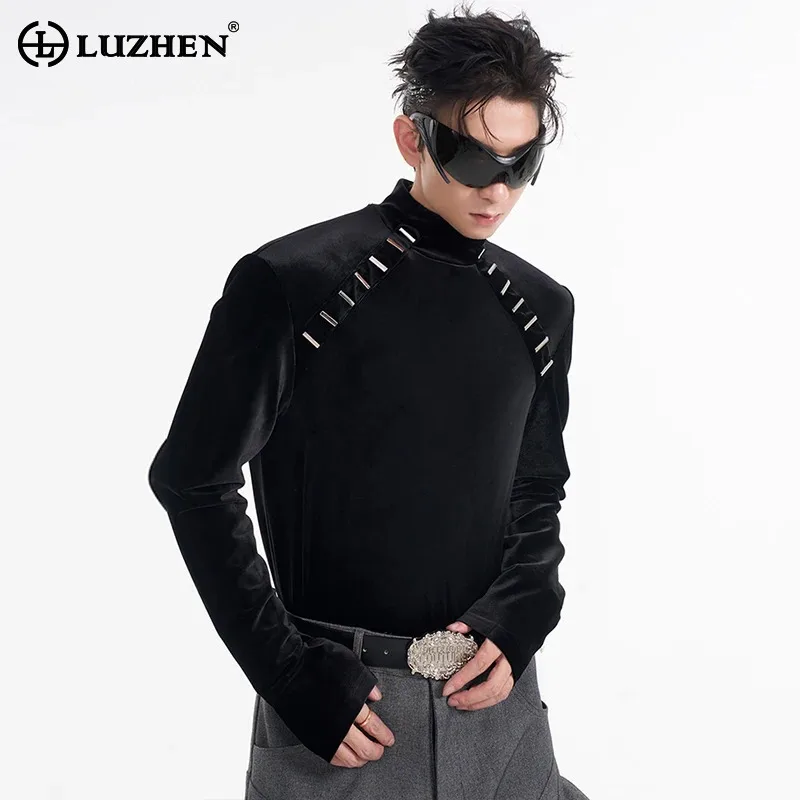 LUZHEN Velvet Half High Collar Bottom T-shirt Simplicity Warm Slim Long Sleeve Tops Solid Color Male 2024 Autumn New LZ8215