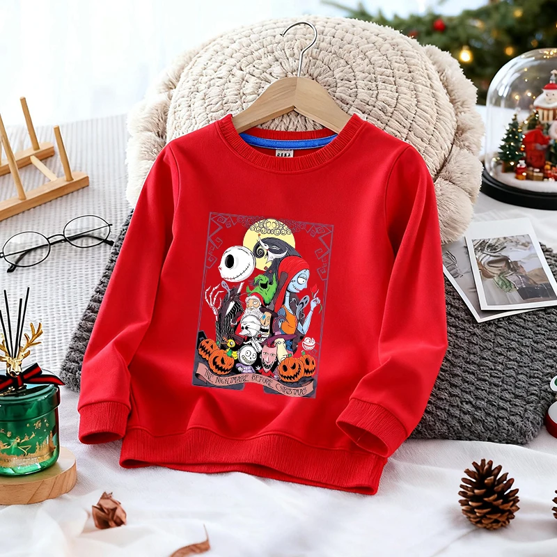 

Disney Nightmare Before Christmas Kids Pullover Streetwear T-shirt Autumn Spring Cute Anime Print Long Sleeved Halloween Clothes