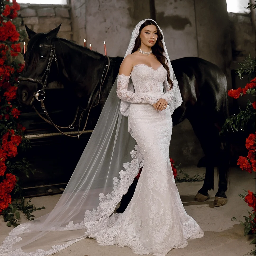 

Exquisite Mermaid Wedding Dresses Lace Appliques Bridal Gown with Gloves Sweetheart Corset robe de mariée Customized