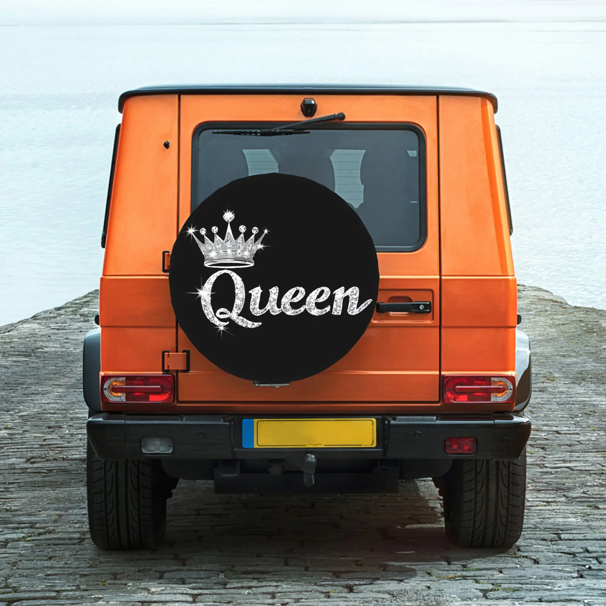 2D Flat Printing 1pc Rhinestone Queen Crown Letter Printed Car Tire Cover, Universal Stylish Spare Wheel Protector, Perfect Fit