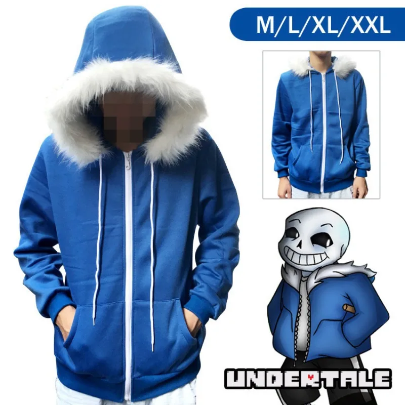 Moletom com capuz Undertale Sans Cosplay com zíper, gola de pele branca, solto, unissex, casual, para fãs de jogos, jaqueta para Comic Con.