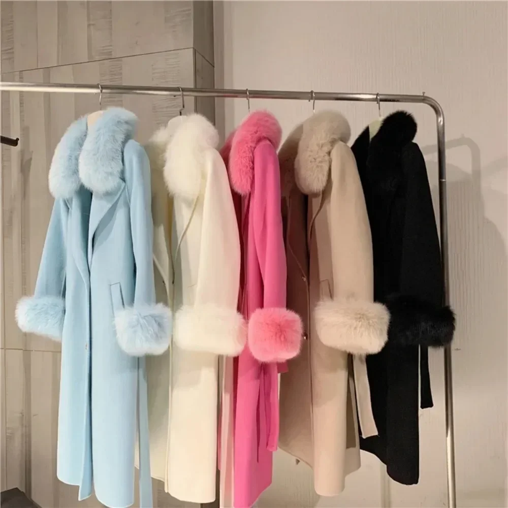 Long Jacket Woolen Wool Coat Double Breasted Belt 2024 Women Real Fox Fur Collar Fashion Winter Cashmere Blended Outwear Cuffs