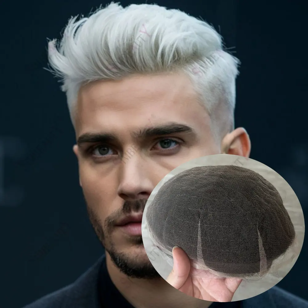 

Undetectable Full Swiss Lace Base Human Hair Men'sToupee Breathable Bleach Knots 60R Blonde Grey Male Capillary Prothesis Unit