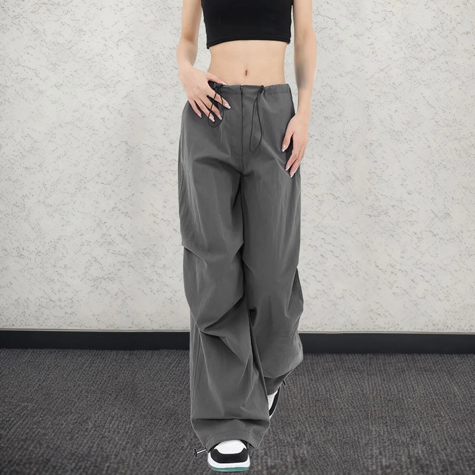 

Women's Fashion Vintage Y2K Style Cargo Pants Loose Solid Color Drawstring Wide Leg Trousers Low Waist Pocket Hip Hop Long Pants