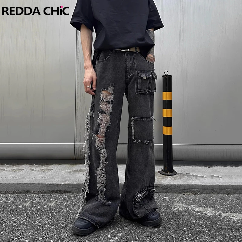 REDDACHIC Vintage Patchwork Raw Edge Cargo Pants Men Trousers Big Pockets Destroyed Distressed Flare Jeans Grunge Y2k Streetwear