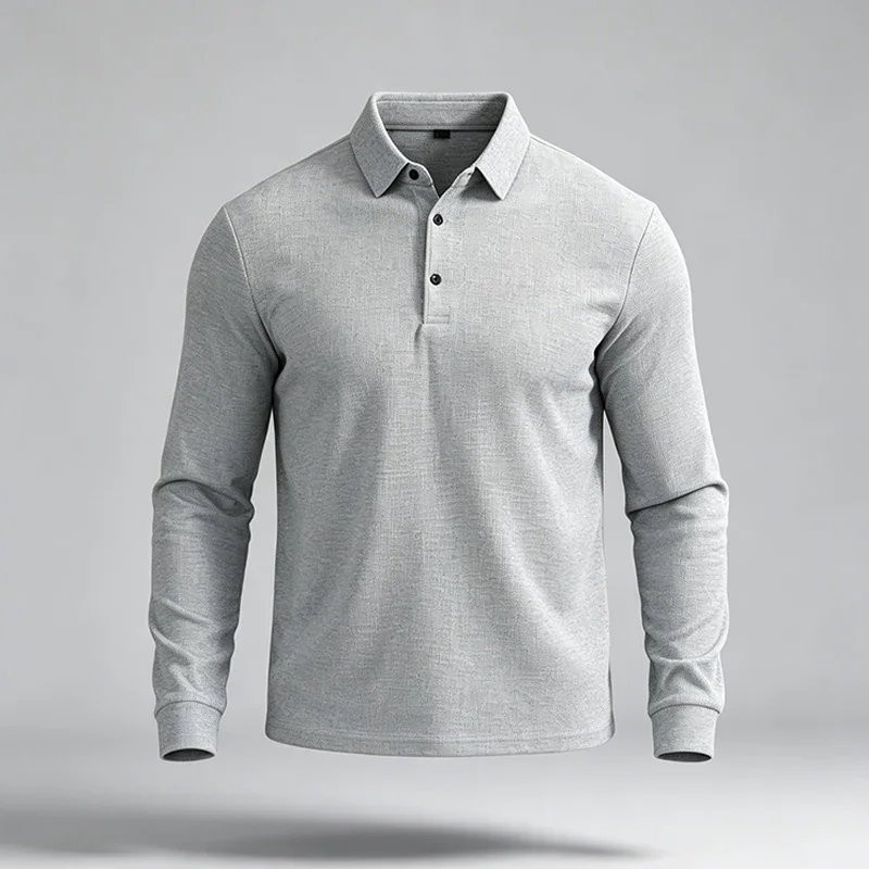 Men Business Casual Lapel Long Sleeve Polo Top Subtle Texture Fabric Placket Regular Cut All Match Comfort Daily Wear Shirt