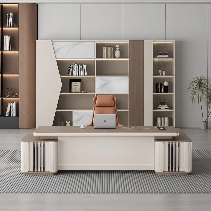 Modern L‑Shape Executive Boss Desk Two‑Tone Wood Panel with Double Side Cabinets Large Manager Table for CEO Office Workspace