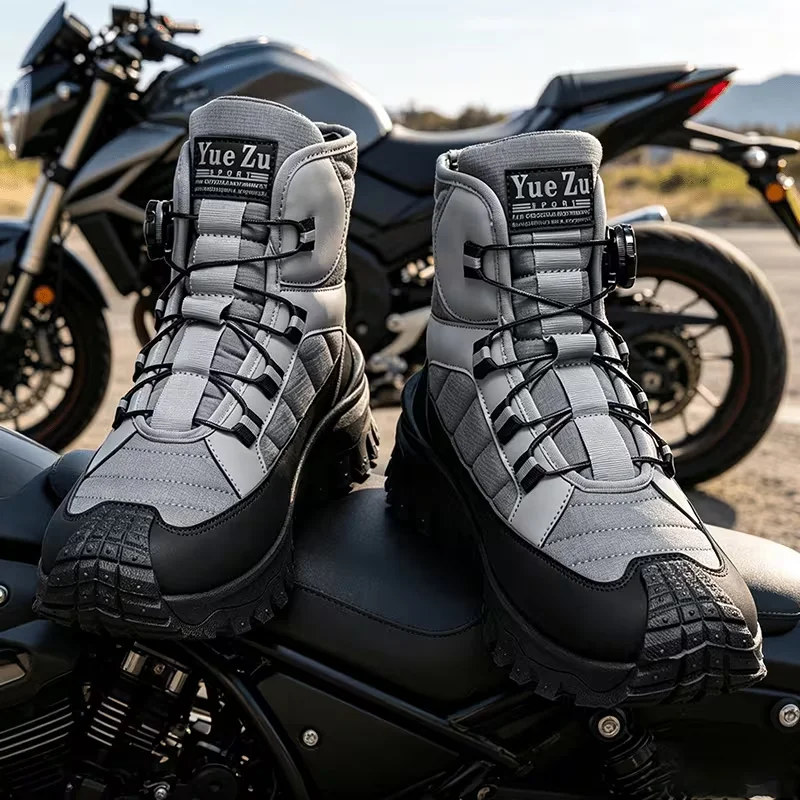 Functional Knob-Adjustable Motorcycle Riding High-Top Boots, Black Anti-Collision Toe Cap, Non-Slip Thick-Soled Motorcycle Shoes, Waterproof and Wear-Resistant Outdoor Off-Road Work Boots, Rider Commuter Anti-Fall Moto view 3