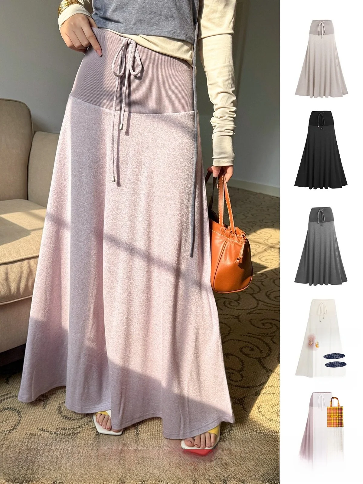 

Long Knitted f Skirt Brand Patchwork Ribbing Casual mid Waist A-Line Skirt for Ladies Comfortable Fit Autumn Wear