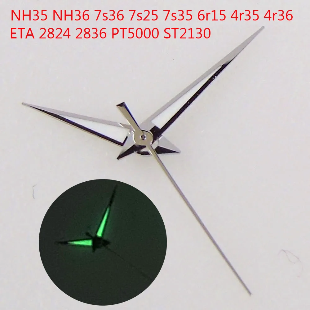 

Silver Edge Watch Hand Pointer for NH35 NH36 7s36 7s35 6r15 4r35 4r36 ETA 2824 2836 PT5000 ST2130 Green Lume Needle for SKX