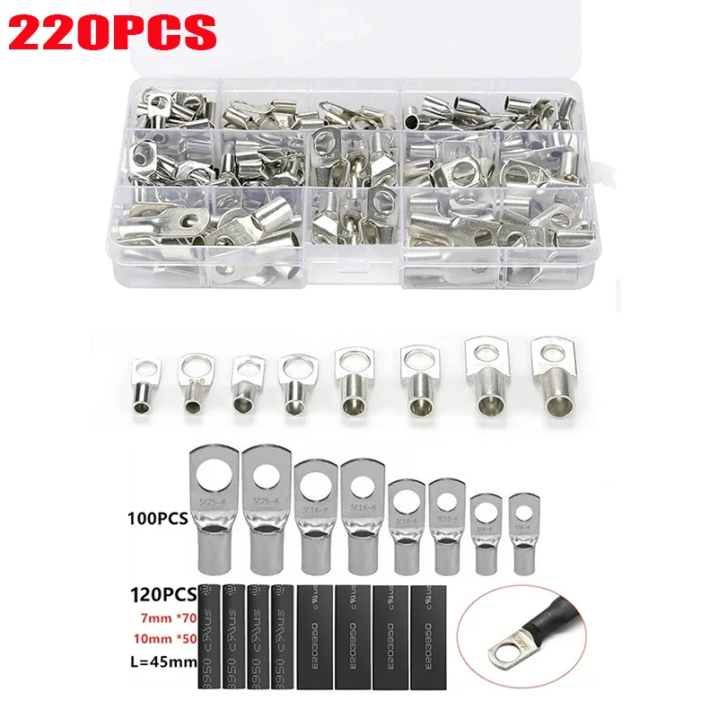 220Pcs Wire Lugs AWG 2 4 6 8 10 12 Battery Cable Ends with 140Pcs Heat Shrink Tubing Set 100Pcs Ring Terminal Connector Kit