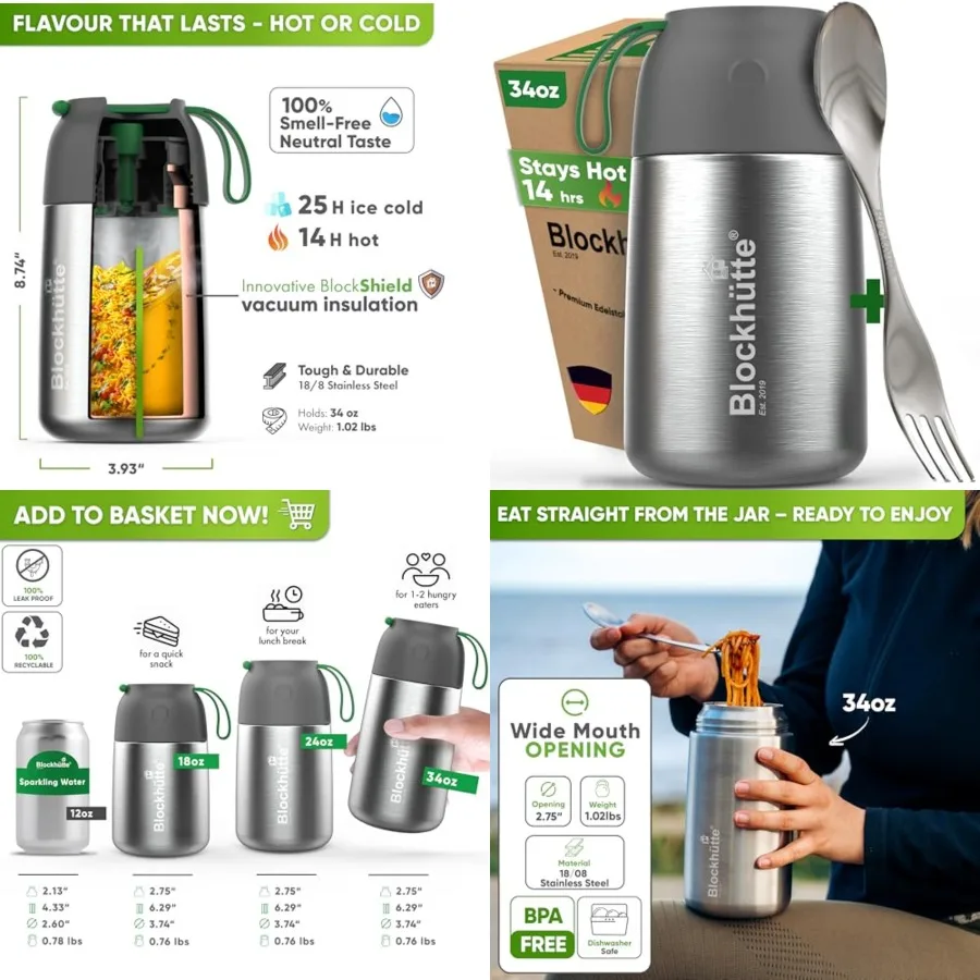 

Thermos for Hot Food - 34 oz Vacuum Stainless Steel Thermal Lunch Box, Leakproof Soup Thermos, Wide Mouth Insulated Food Jar