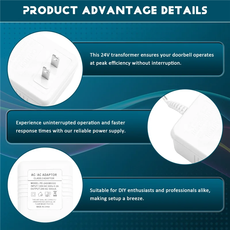 AAAEL-2X 24V Doorbell Transformer Adapter For Video Doorbells, Enhanced Performance & Easy Installation US PLUG