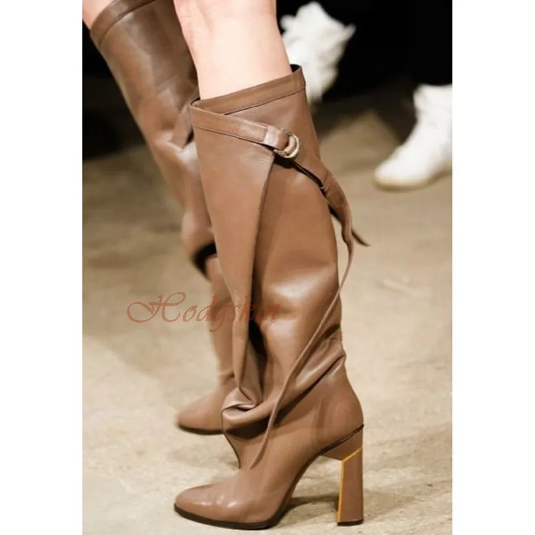 

Genuine Leather Buckles Straps Boots Pointy Toe Solid New Style Runway Knee High Boots Women Sexy Shoes Chunky High Heels Winter