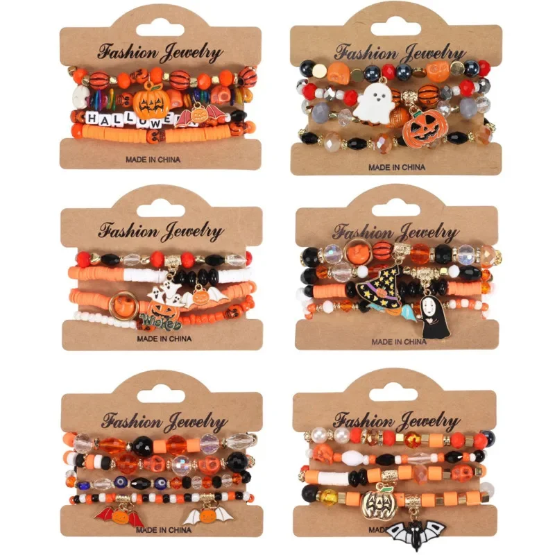 

Halloween Pumpkin Spider Multi Layer Bat Hanging Bracelet Artificial Crystal Soft Ceramic Bead Party Hand String Halloween New