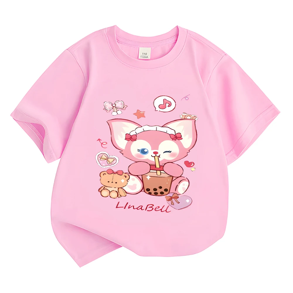 Cute Linabell Children's Pure Cotton Cartoon Printed Round Neck Short Sleeve T-shirt Comfortable and Loose Daily Tops Children