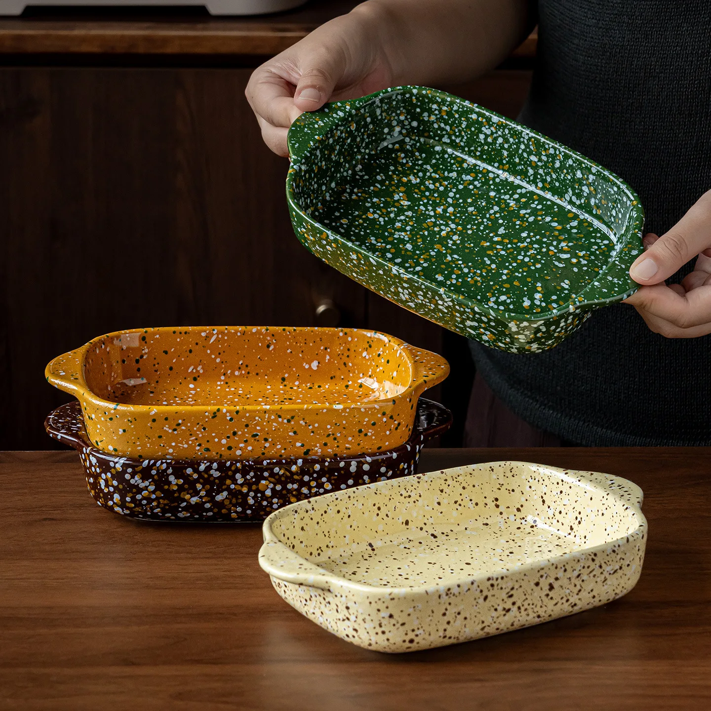 Ins Splash-ink Ear Baking Tray Household Ceramic Plate High-value Tableware Fruit Plate Salad Bowl Baked Rice Bowl Tableware