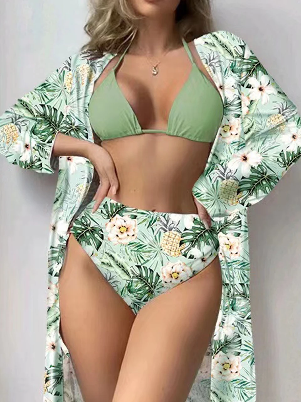 Lace Up Bikinis & Cover Up Long Sleeve Swimwear 2024 Women 3-Piece Print Swimsuit Summer Beach Bathing Suit Female Swimming Wear