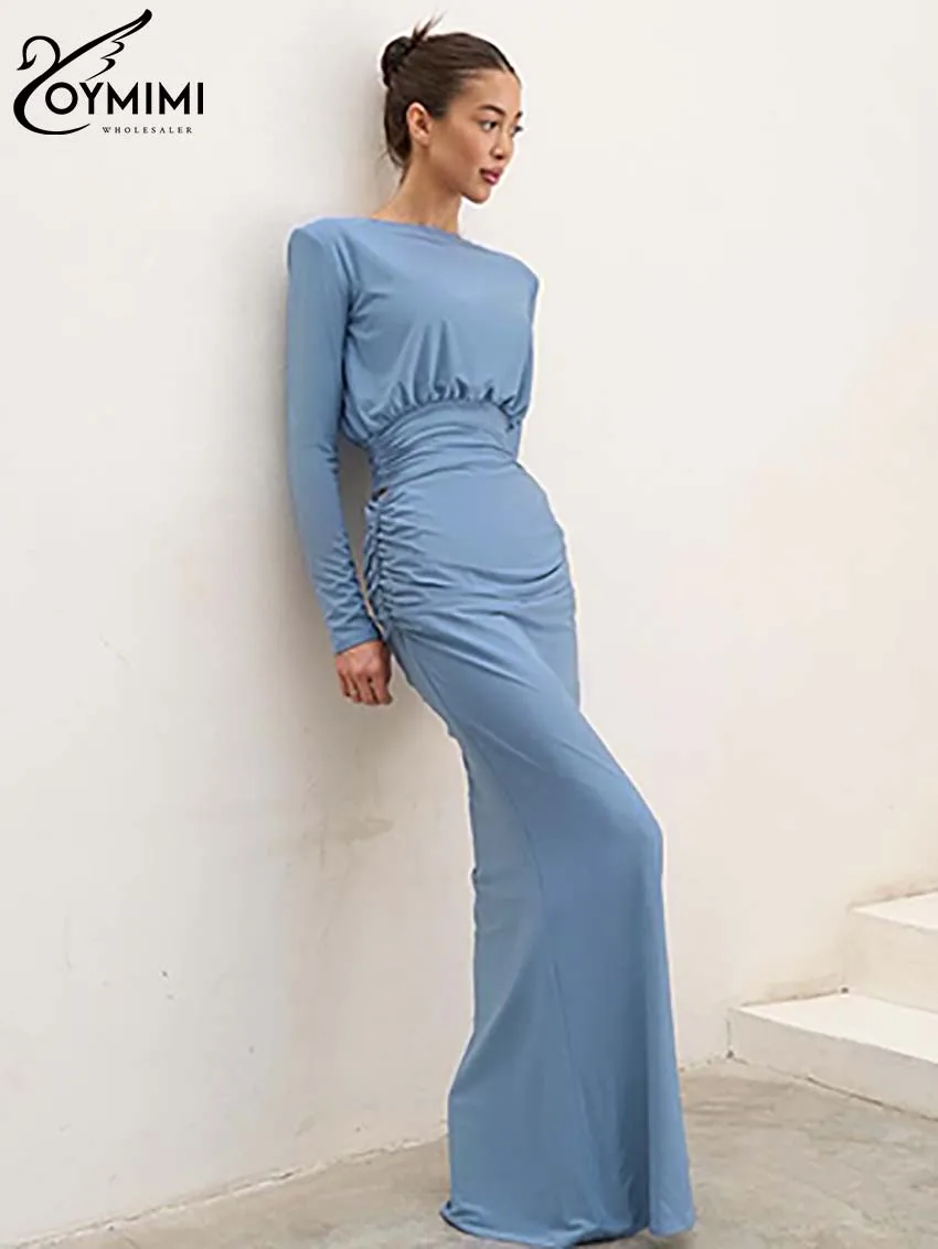 Oymimi Elegant Blue Slim 2 Piece Sets Women Outfit Fashion O-Neck Long Sleeve Crop Blouse And High Waist Floor-Length Skirts Set