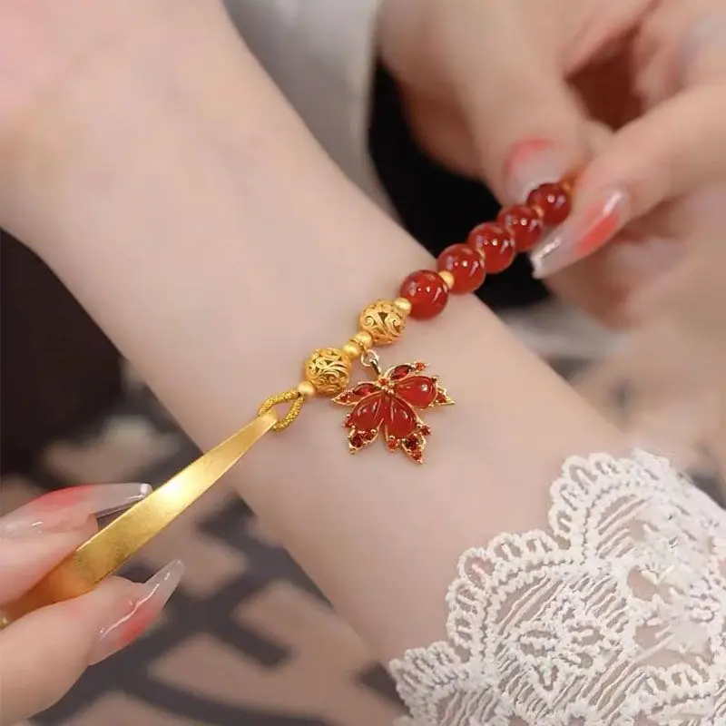 Fashion New Imitation 24K Gold Bracelet Red Maple Rabbit Red Agate Niche Bracelet Trendy Elastic Force HandString for Girlfriend