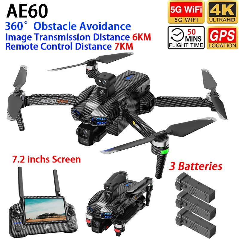 AE60 Drone GPS WIFI FPV 3-axis Gimbal 4K Dual Camera 360° Obstacle Avoidance Screen Control Quadcopter