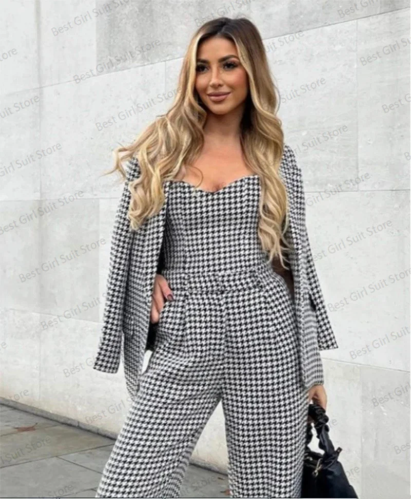 Houndstooth 3 Pieces Women Suit Set Blazer+Top+Pants Formal Prom Dress Single Breasted Guest Party Jacket Street Wear Tailored