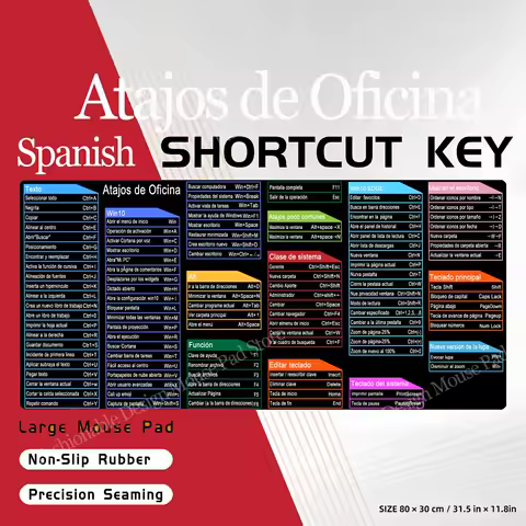 Spanish Office Shortcuts Mouse Pad Large Extended Big Keyboard Mousepad Gaming Desk Mat with Stitched Edge Non-Slip Rubber