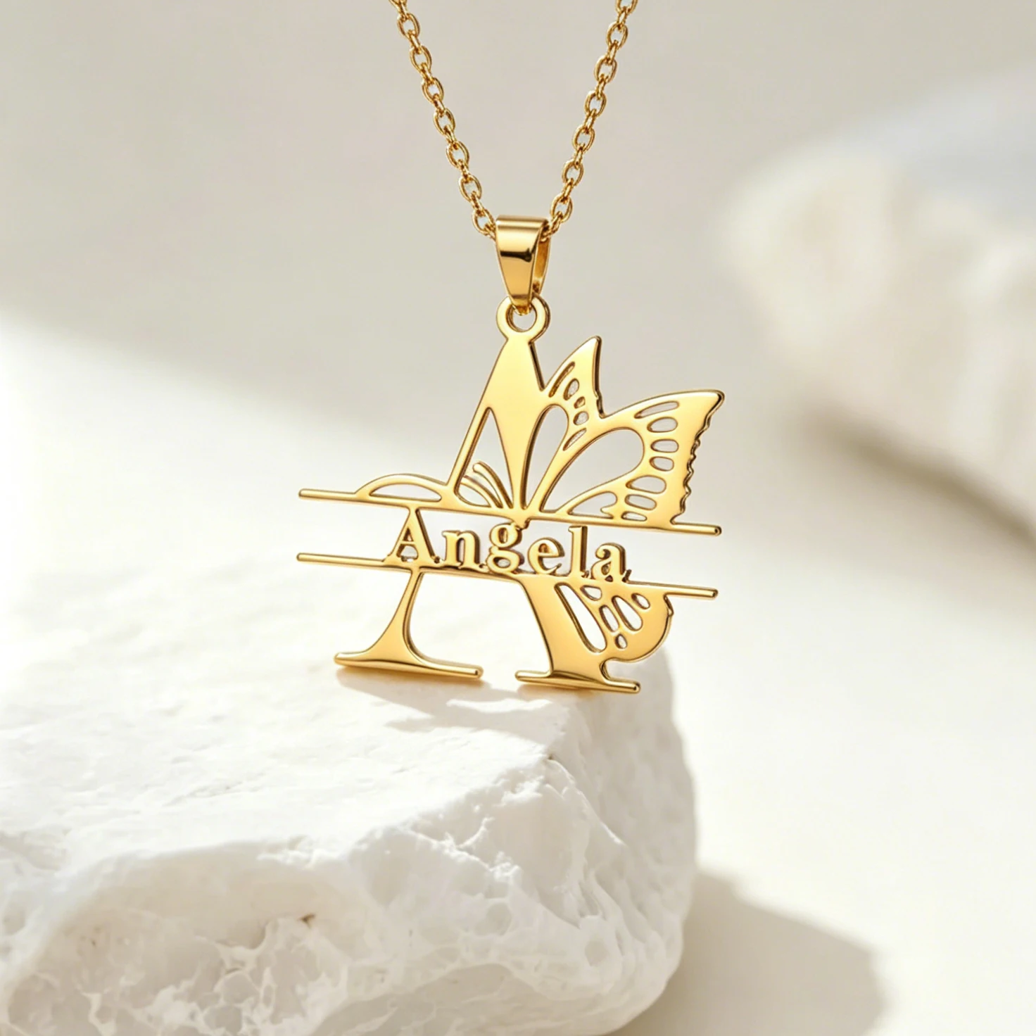 Stainless Steel Personalized Butterfly Split Name Necklace Custom Initial Letter Monogram Pendant Chain Jewelry Wedding Birthday