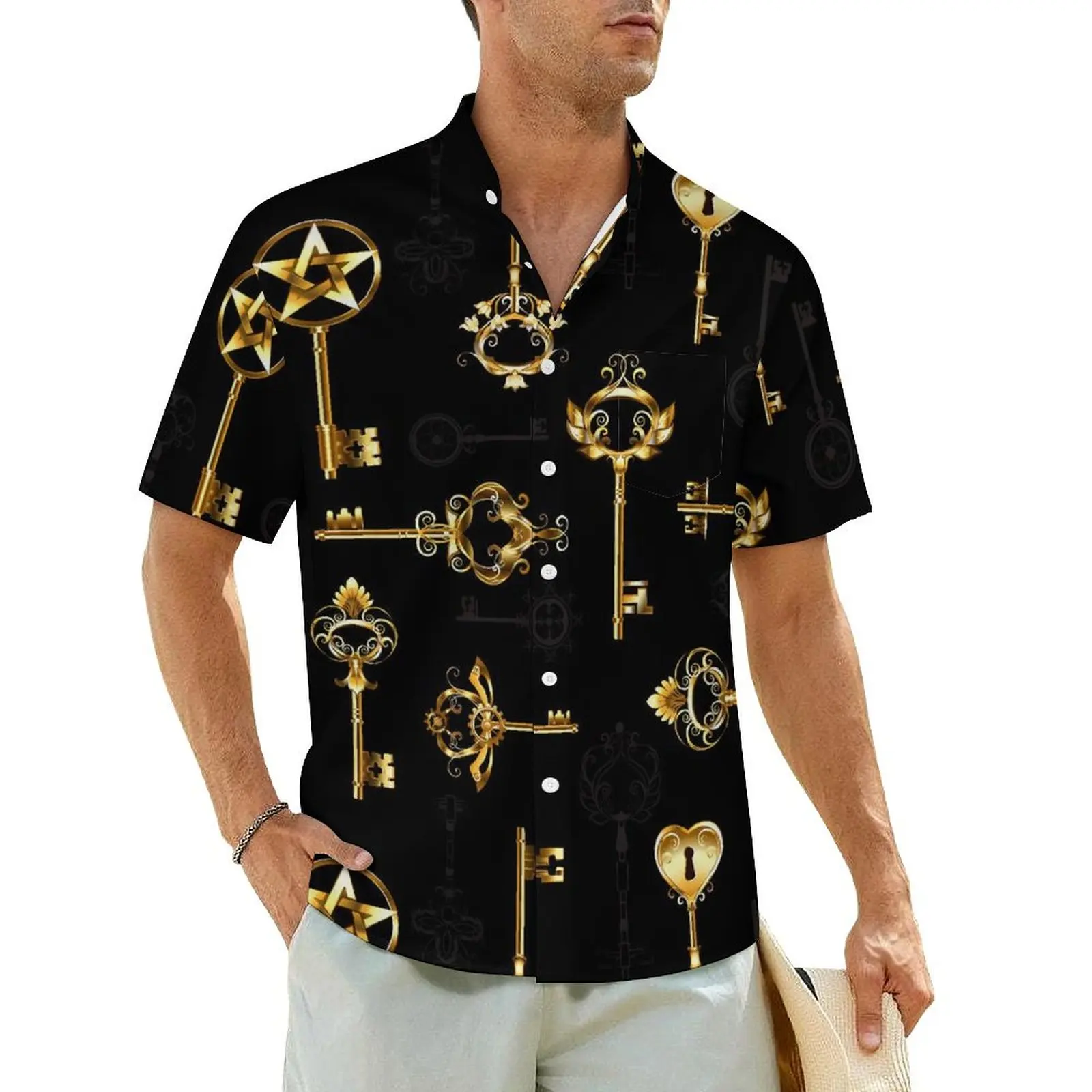 Steampunk Style Casual Shirt Golden Keys Elegant Summer Shirts Mens Short-Sleeved Beach Y2K Street Printed Oversized Blouses