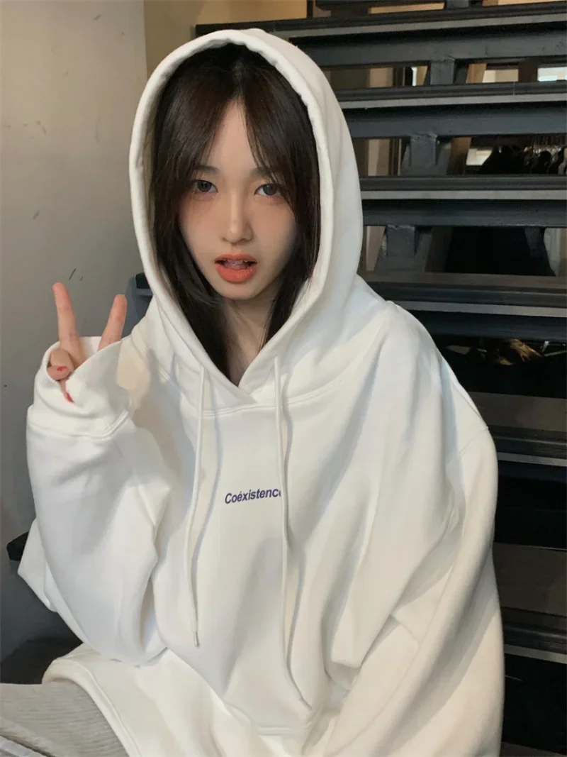 Fashion Dark Grey Hoodie Fleece Thicken Sweatshirt Long Sleeve Korean Letter Printing Baggy Female Top Pullover Harajuku Hoodie
