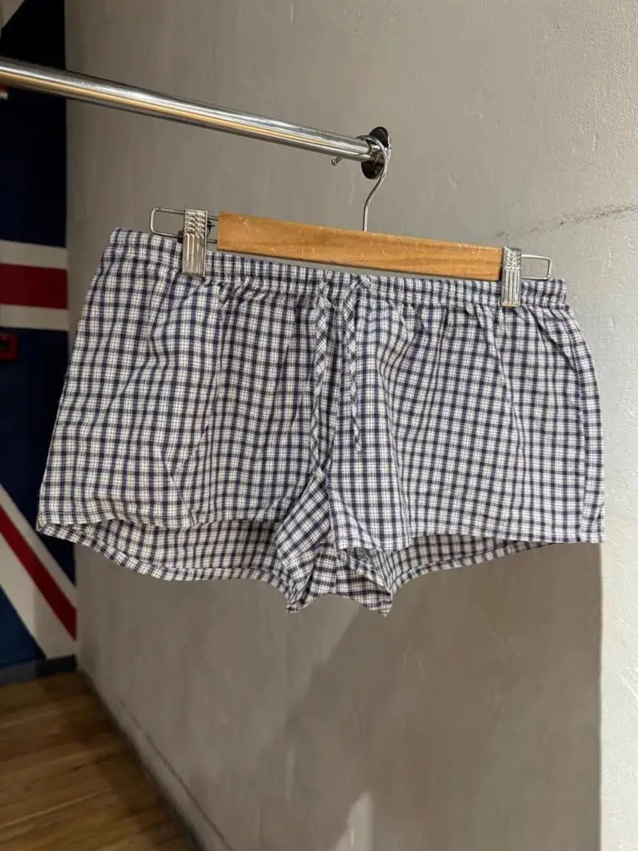 Navy Plaid Bluse Shorts 2-teilige Sets Frau Revers Kurzarm T-Shirt + Kordelzug Sweatshorts Vintage süße Baumwolle Slim Sets