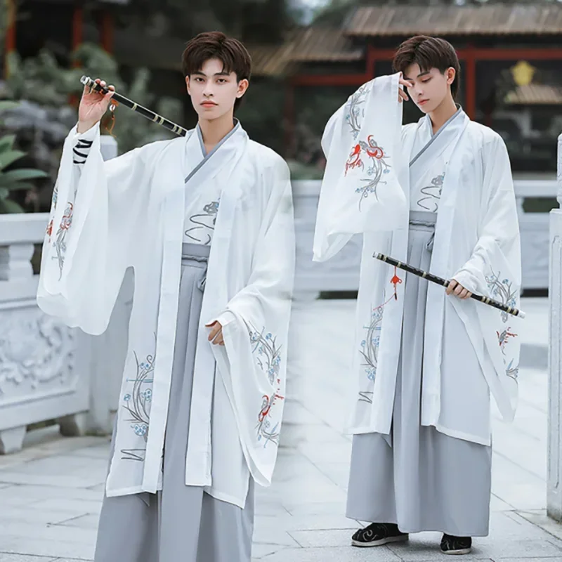 Large Size 4XL Hanfu Dress Men Chinese Traditional Cosplay Costume 2023 Ancient Hanfu White&Gray 3pcs Sets For Men Plus Size 3XL