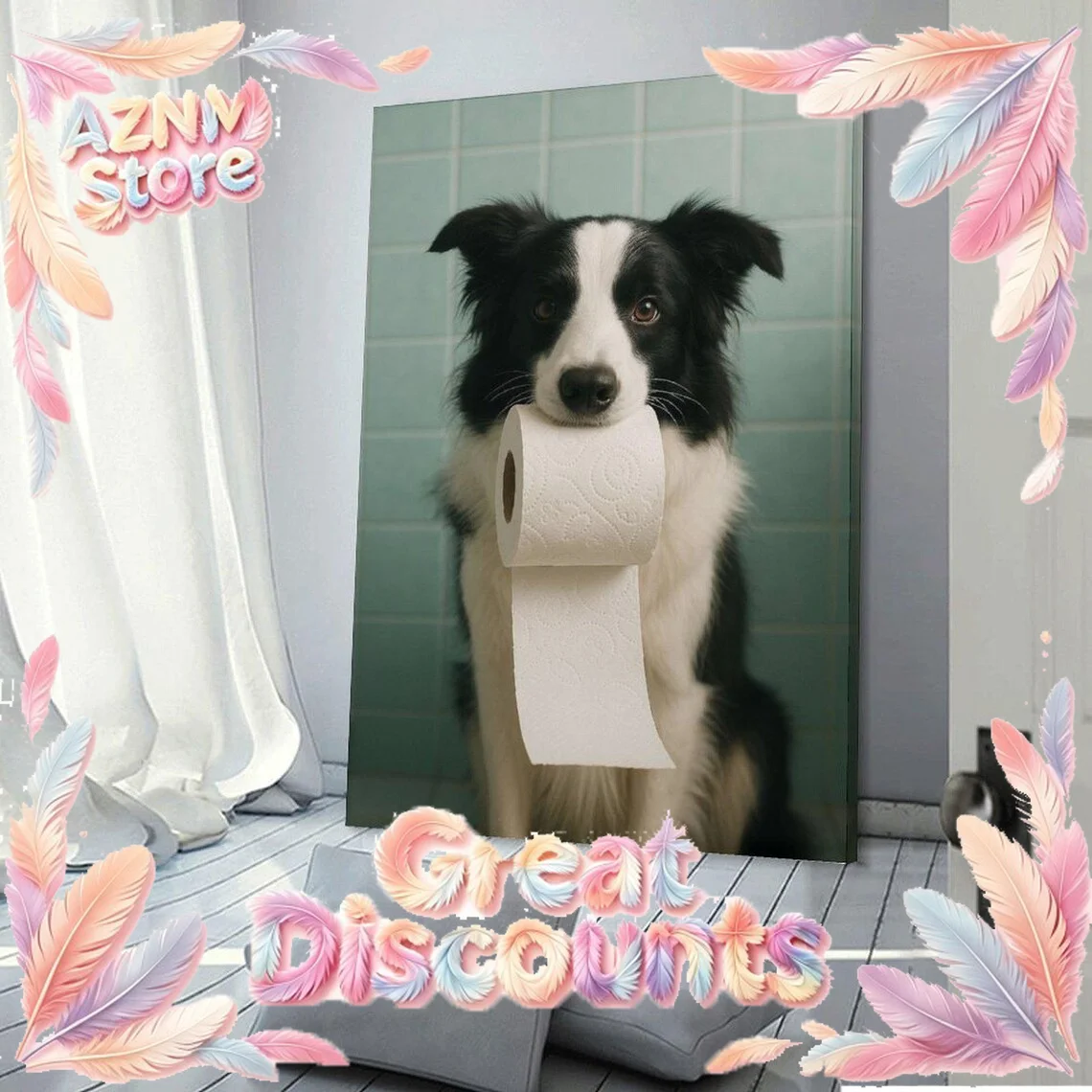 2026Border Collie Toilet Paper WALL ART PRINT DECOR – Cheeky Bathroom Scene, a Cheerful Addition to Kids' Bathrooms or