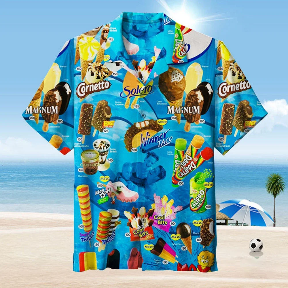 Camisa de manga curta com estampa havaiana de sorvete masculina, tops casuais, design original, roupas masculinas, verão, 2022