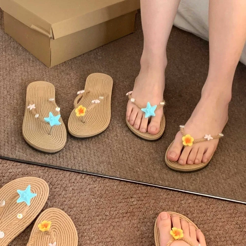 EVA Starfish Flip Flops Women Braided Woven Starfish Flower Y2k Starfish Slippers Beach Vacation Indoor Outdoor image 4