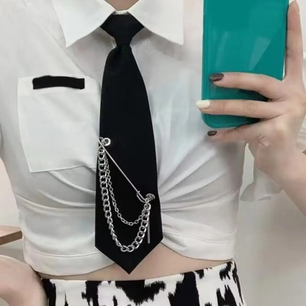 New Black Pre-Tied Necktie Safety Pin Detail Adjustable Neck Strap Uniform Neck Tie Alloy Chain Chain Necktie Daily Outfits