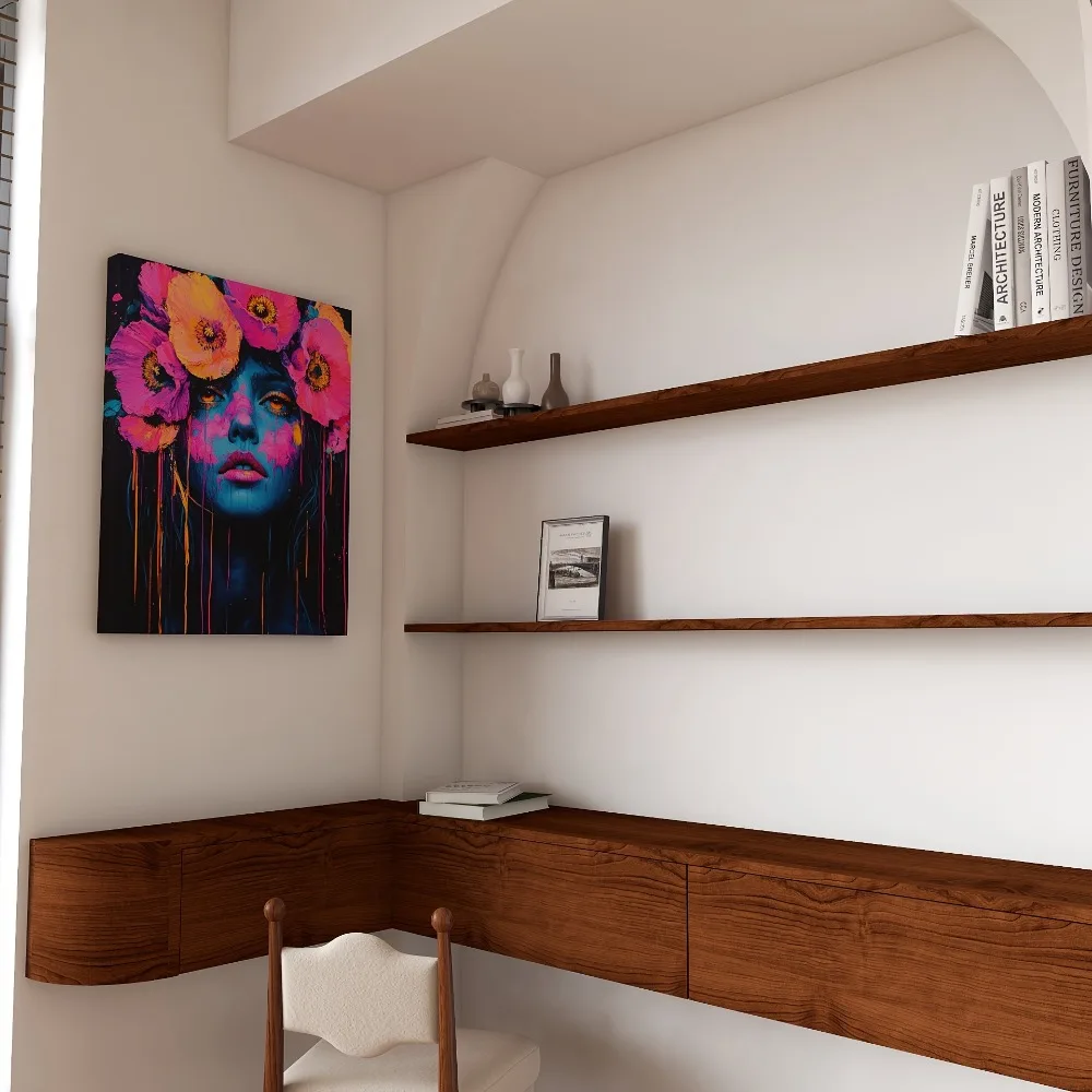 Wanita cantik dengan bunga di rambutnya, neon warna-warni, cocok untuk dekorasi interior, rangka kayu solid pinus tebal 1,5 inci.