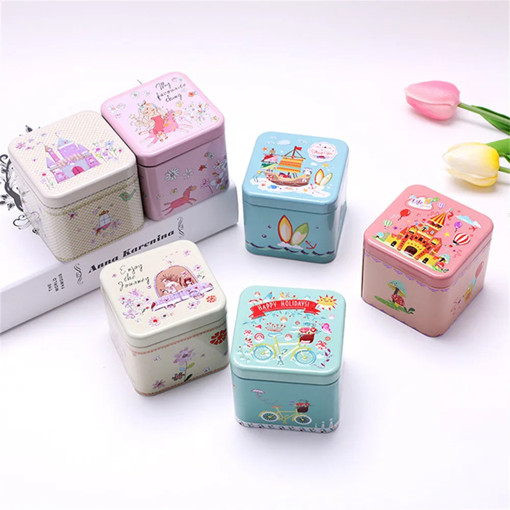 Colorful Metal Mini Square Tin Can Cartoon Carving Box for Children Candy Beads Coin Earrings Sealed Jar Packing Storage Gifts