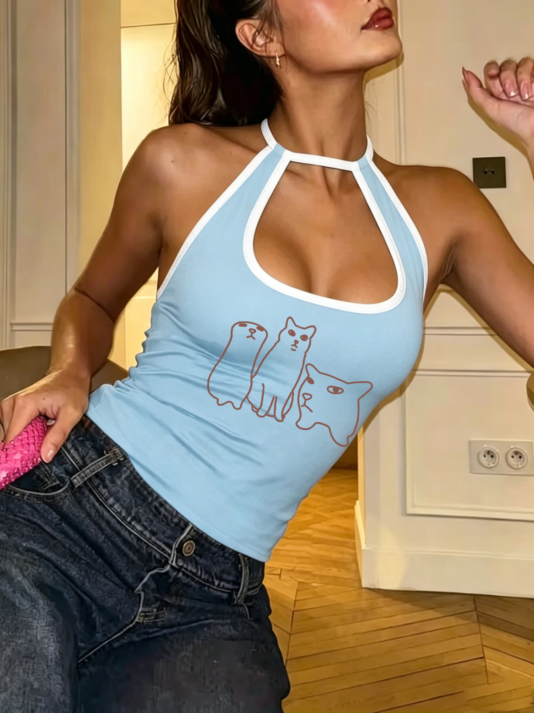 Women's Minimal Line Three Cats Print Contrast Trim Hollow Halter Neck Crop Top tank top