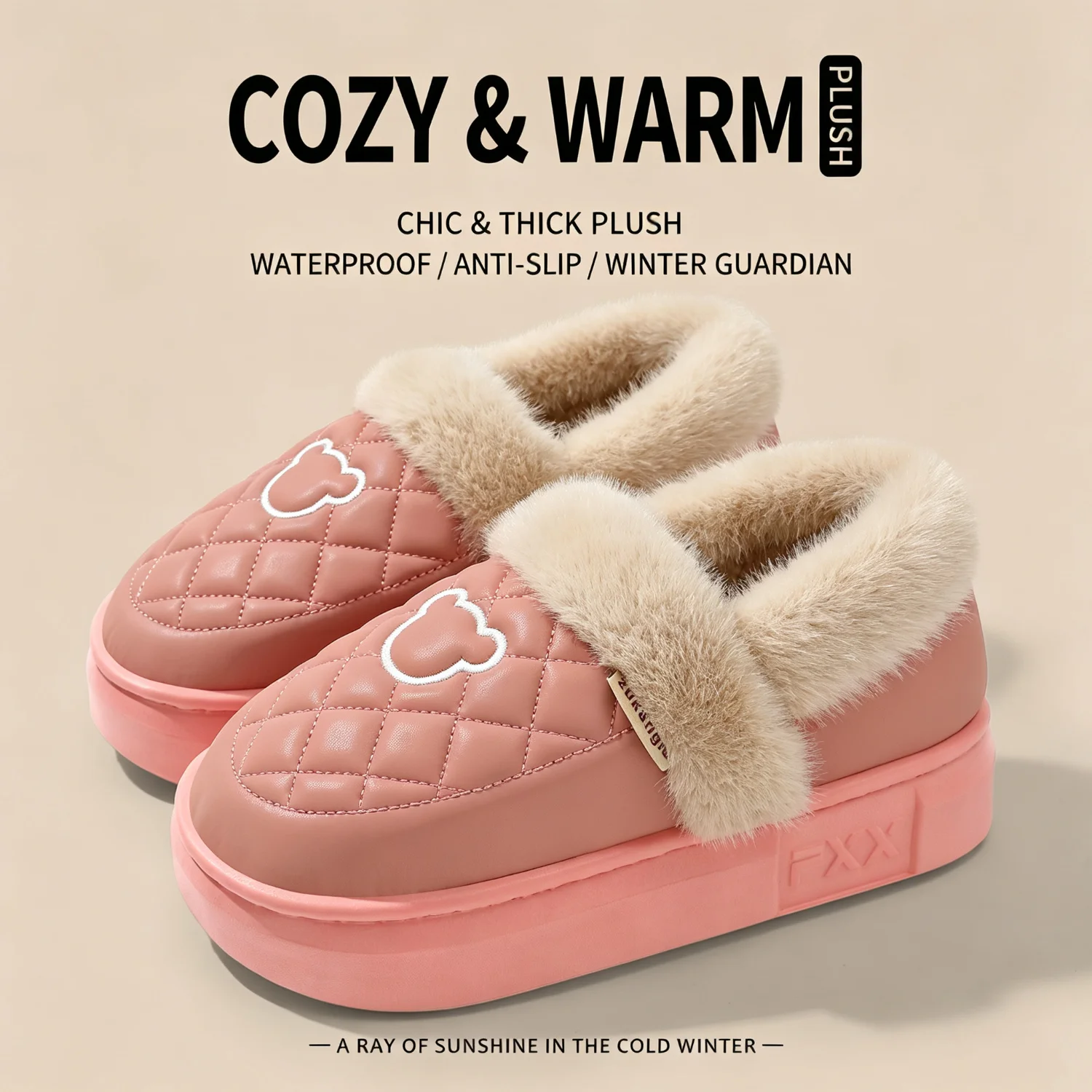 Winter-Wasserdichte Hausschuhe für Damen und Herren, mit dicker Sohle, warmem Plüschfutter, Bärenstickerei, rutschfest, weich, elastisch, für den Innenbereich. – Detail 29