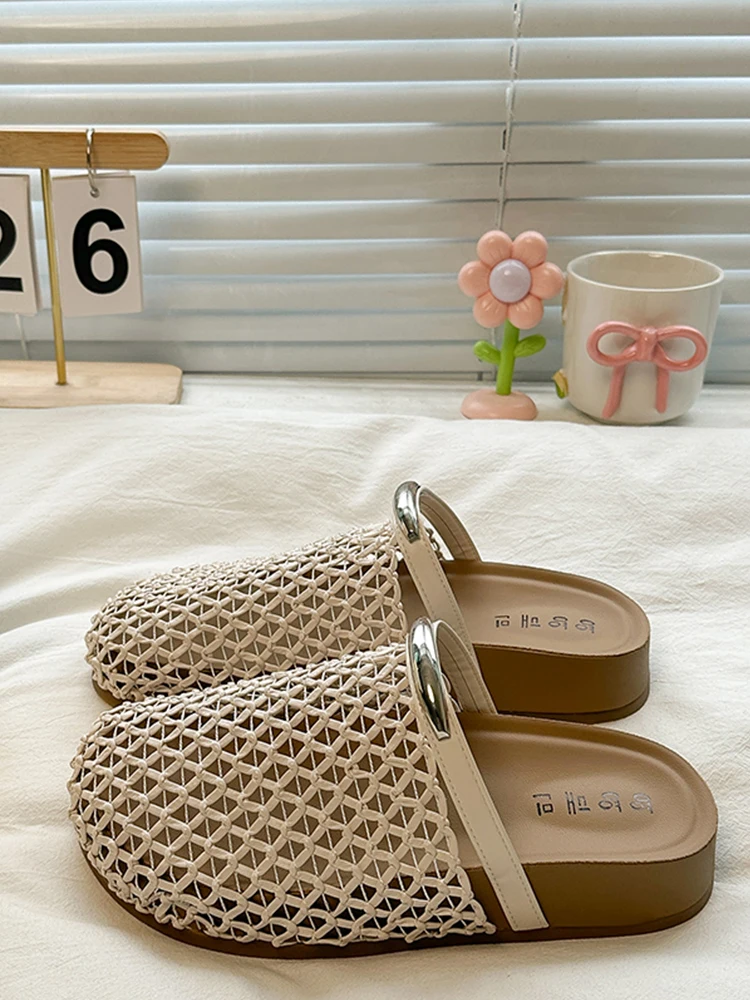 

Women's Breathable Hollow Mesh Slip-On Sandals Thick Heel Open-Toe Summer Outdoor Wear Comfortable Slipper Korean Style