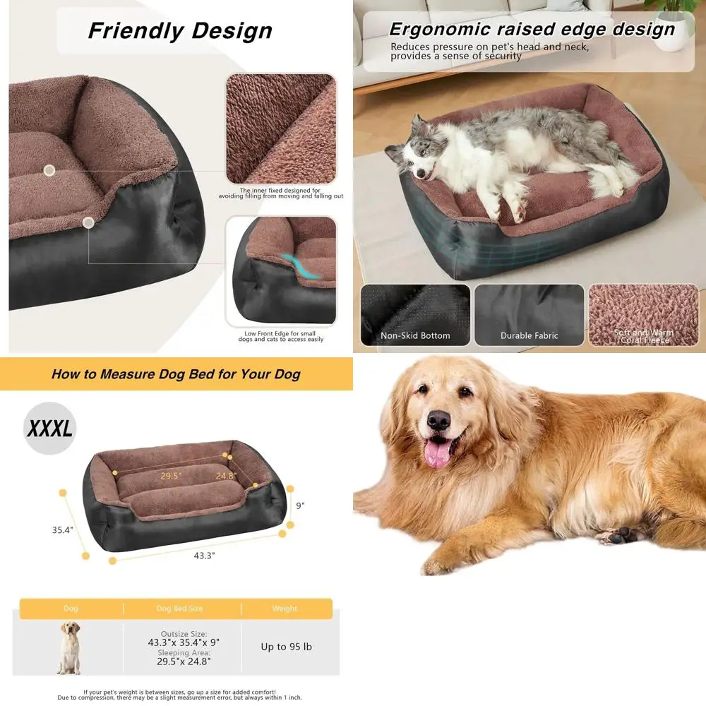 

Large Washable Dog Bed, Plush & Soft Couch for XL Dogs, Non-Slip Base, Black