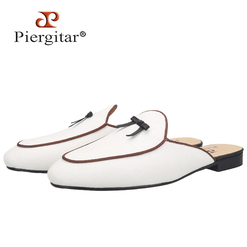 

Piergitar 2025 новые белые парусиновые мужские сабо с кожаным галстуком ручной работы для модных вечеринок и демонстрации уличных мужских повседневных тапочек